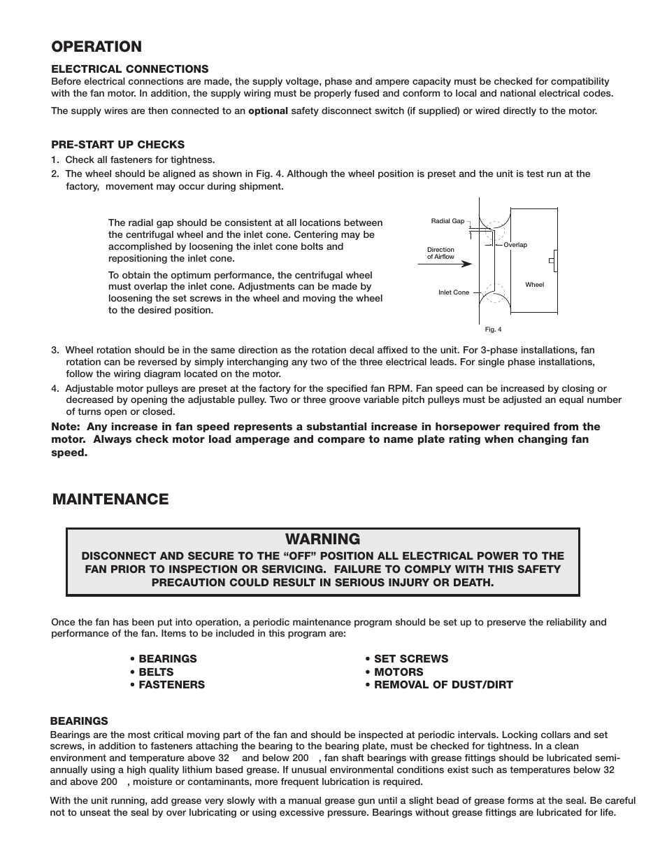 Maintenance warning, Operation | Greenheck TCB/TCBRU/TCBRS (456557) User Manual | Page 3 / 4