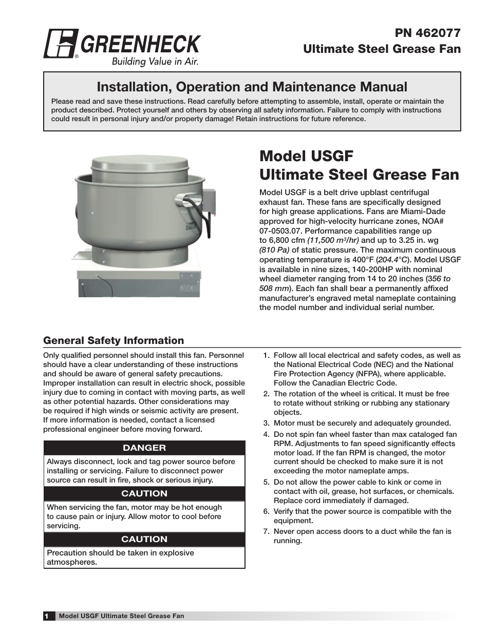 Greenheck USGF (462077) User Manual | 12 pages
