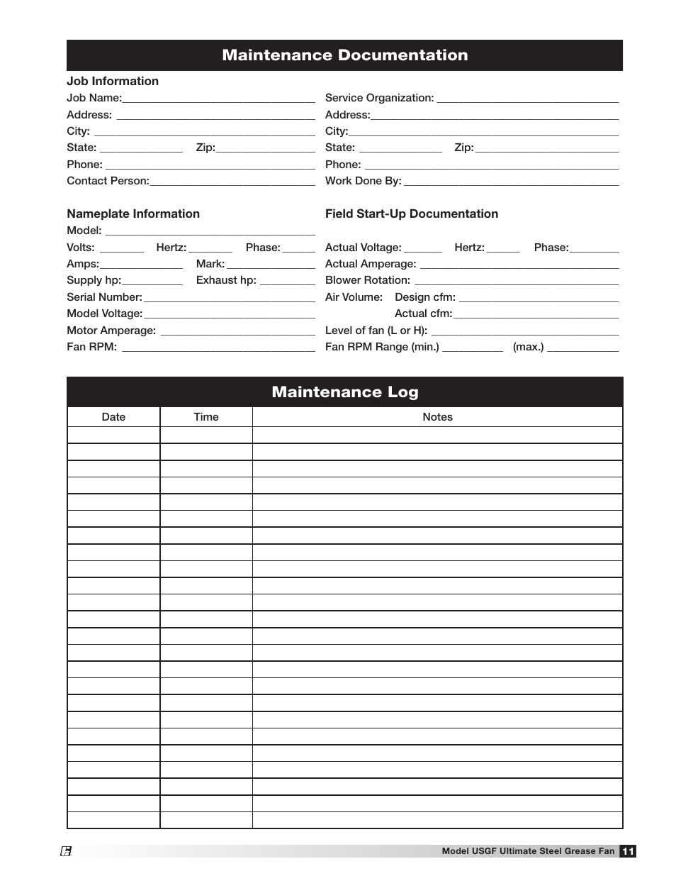 Maintenance documentation maintenance log | Greenheck USGF (462077) User Manual | Page 11 / 12
