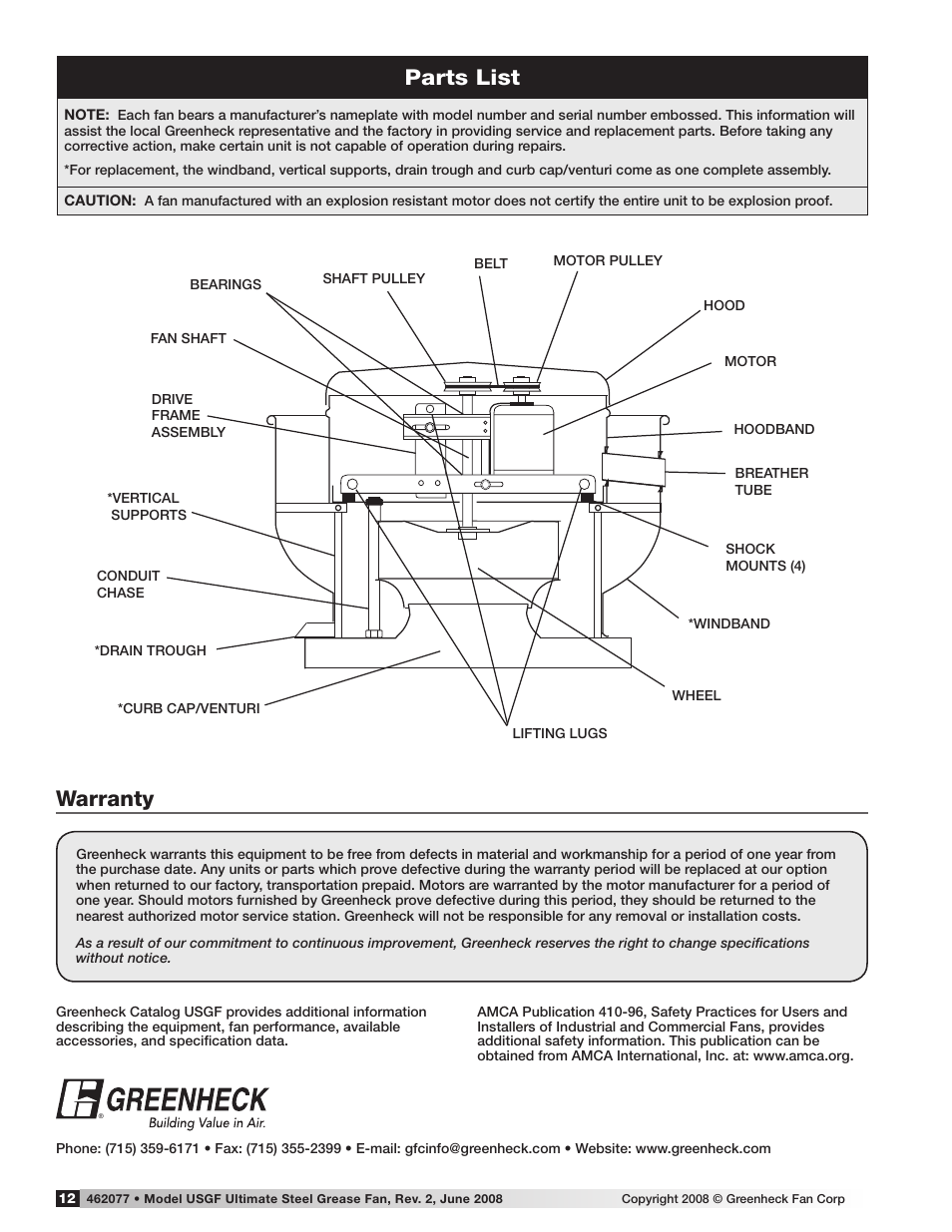 Warranty, Parts list | Greenheck USGF (462077) User Manual | Page 12 / 12
