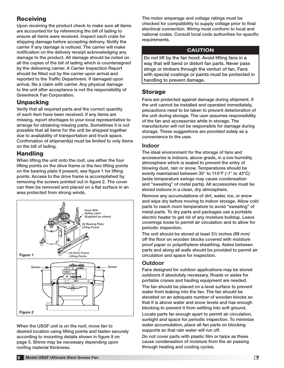 Receiving, Unpacking, Handling | Storage, Indoor, Outdoor | Greenheck USGF (462077) User Manual | Page 2 / 12