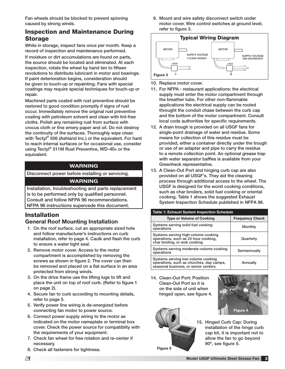 Inspection and maintenance during storage, Installation, General roof mounting installation | Typical wiring diagram, Warning | Greenheck USGF (462077) User Manual | Page 3 / 12