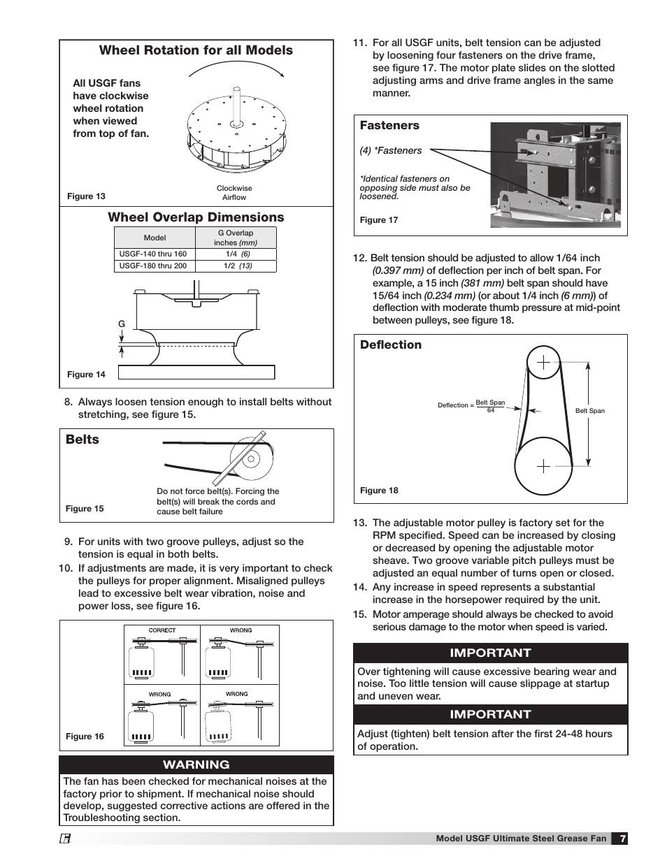 Belts, Wheel rotation for all models, Wheel overlap dimensions | Fasteners, Deflection | Greenheck USGF (462077) User Manual | Page 7 / 12