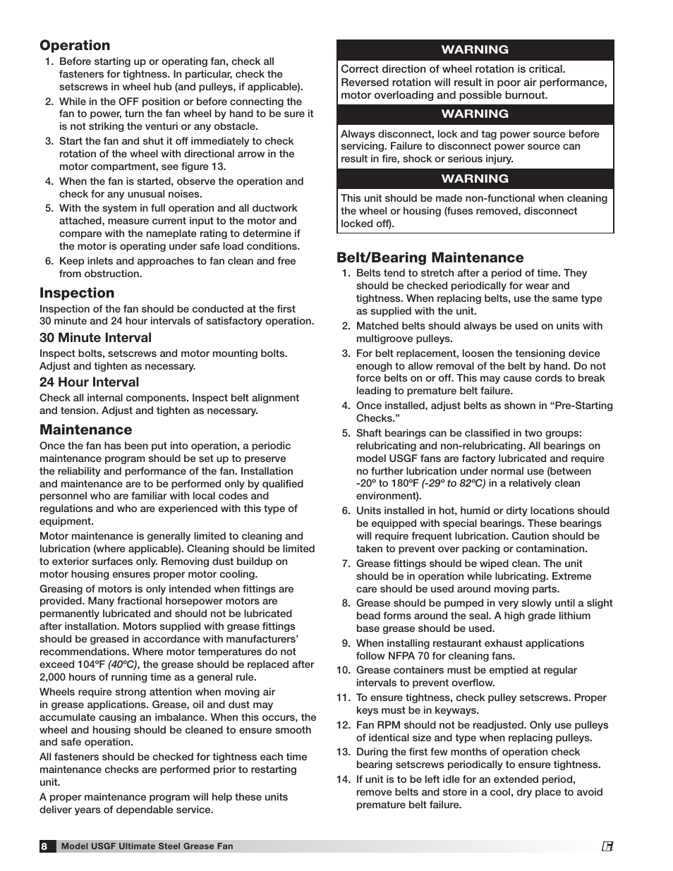 Operation, Inspection, Maintenance | Belt/bearing maintenance, 30 minute interval, 24 hour interval | Greenheck USGF (462077) User Manual | Page 8 / 12