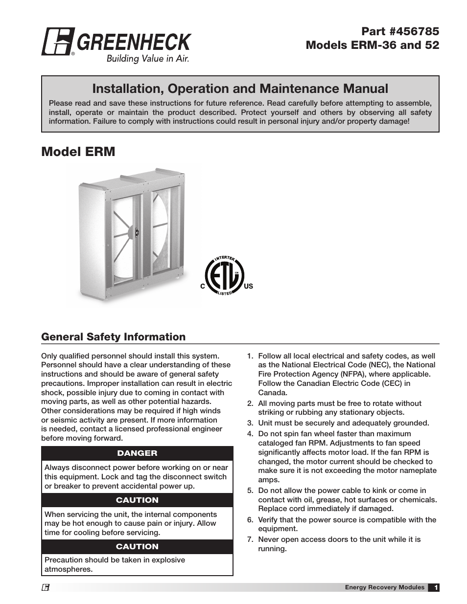 Greenheck ERM 36 & 52 (456785) User Manual | 8 pages