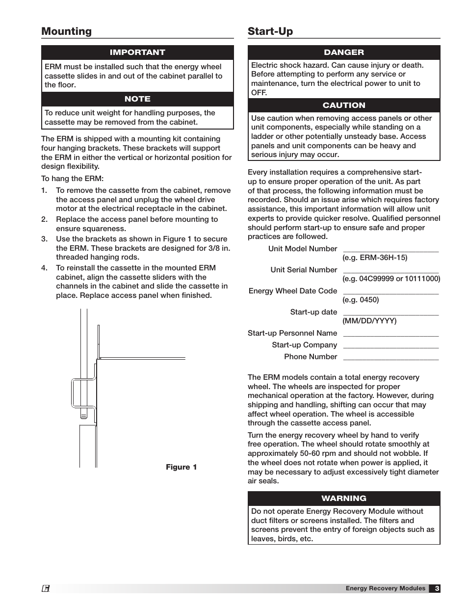 Mounting, Start-up | Greenheck ERM 36 & 52 (456785) User Manual | Page 3 / 8