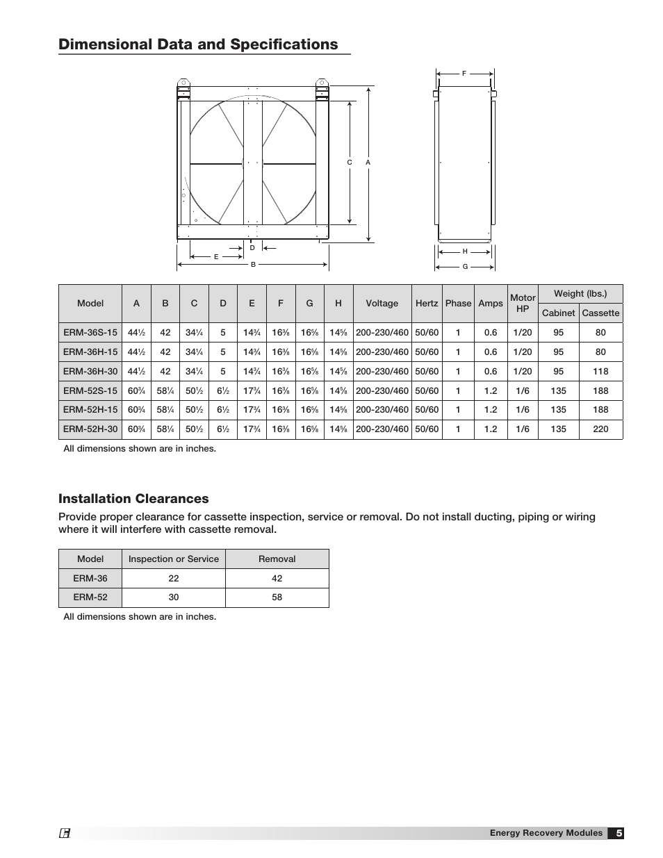 Dimensional data and specifications, Installation clearances | Greenheck ERM 36 & 52 (456785) User Manual | Page 5 / 8
