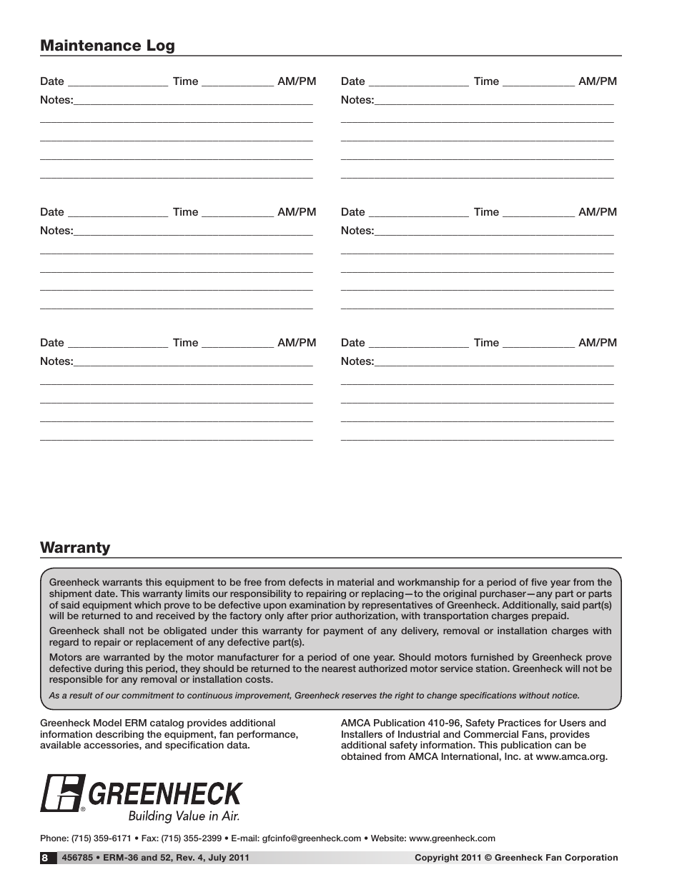 Maintenance log, Warranty | Greenheck ERM 36 & 52 (456785) User Manual | Page 8 / 8