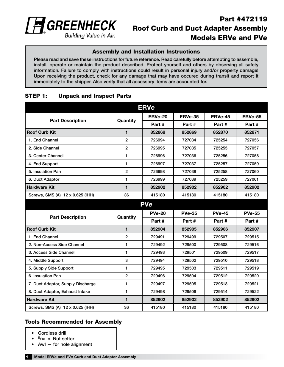 Greenheck ERVe and PVe (472119) User Manual | 4 pages