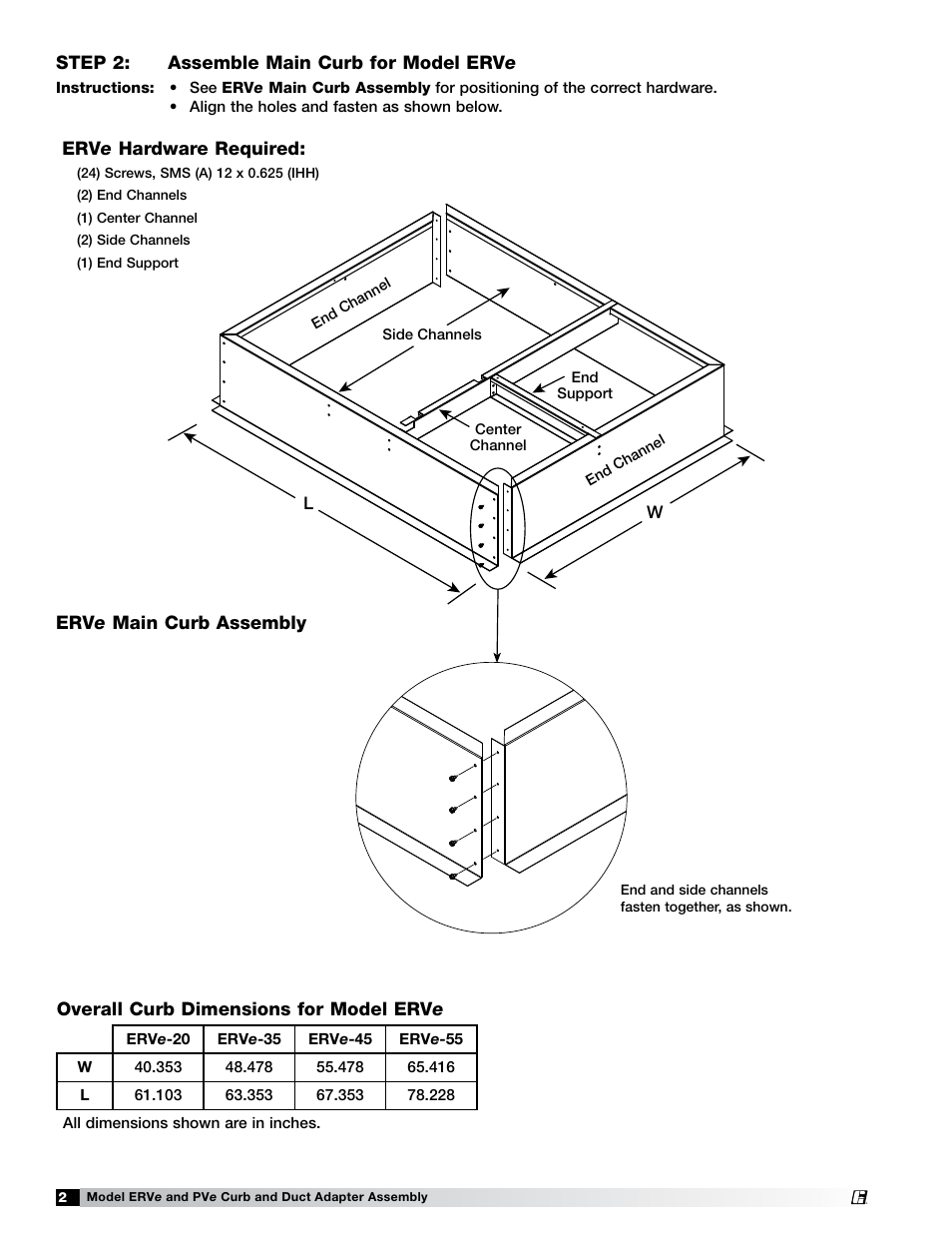 Erv e hardware required, Step 2: assemble main curb for model erv e | Greenheck ERVe and PVe (472119) User Manual | Page 2 / 4