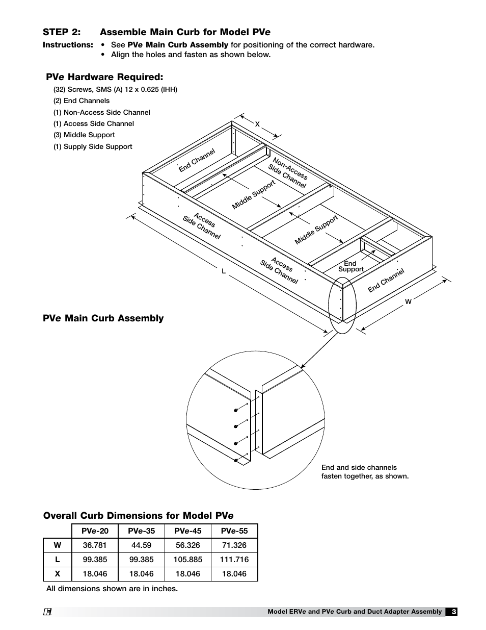 Pv e hardware required, Step 2: assemble main curb for model pv e | Greenheck ERVe and PVe (472119) User Manual | Page 3 / 4