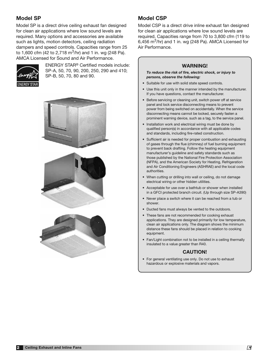 Model sp, Model csp, Warning | Caution | Greenheck SP and CSP (477179) User Manual | Page 2 / 20