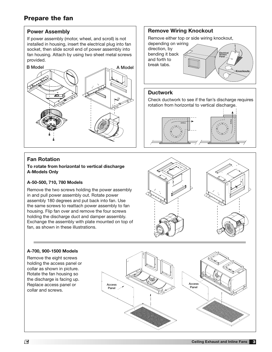 Prepare the fan, Power assembly, Ductwork | Fan rotation, Remove wiring knockout | Greenheck SP and CSP (477179) User Manual | Page 3 / 20