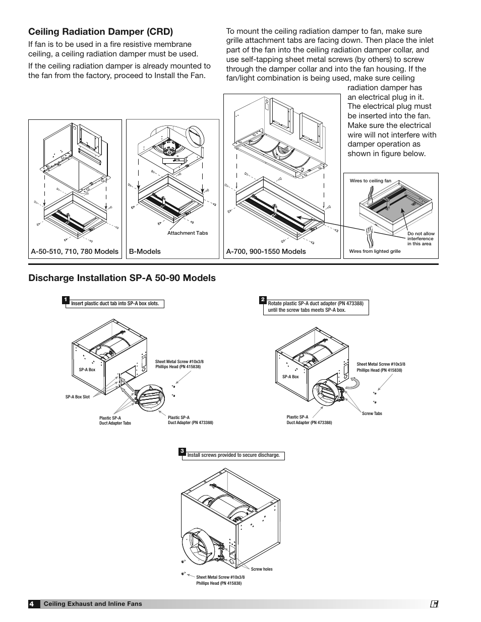 Ceiling radiation damper (crd), Discharge installation sp-a 50-90 models | Greenheck SP and CSP (477179) User Manual | Page 4 / 20