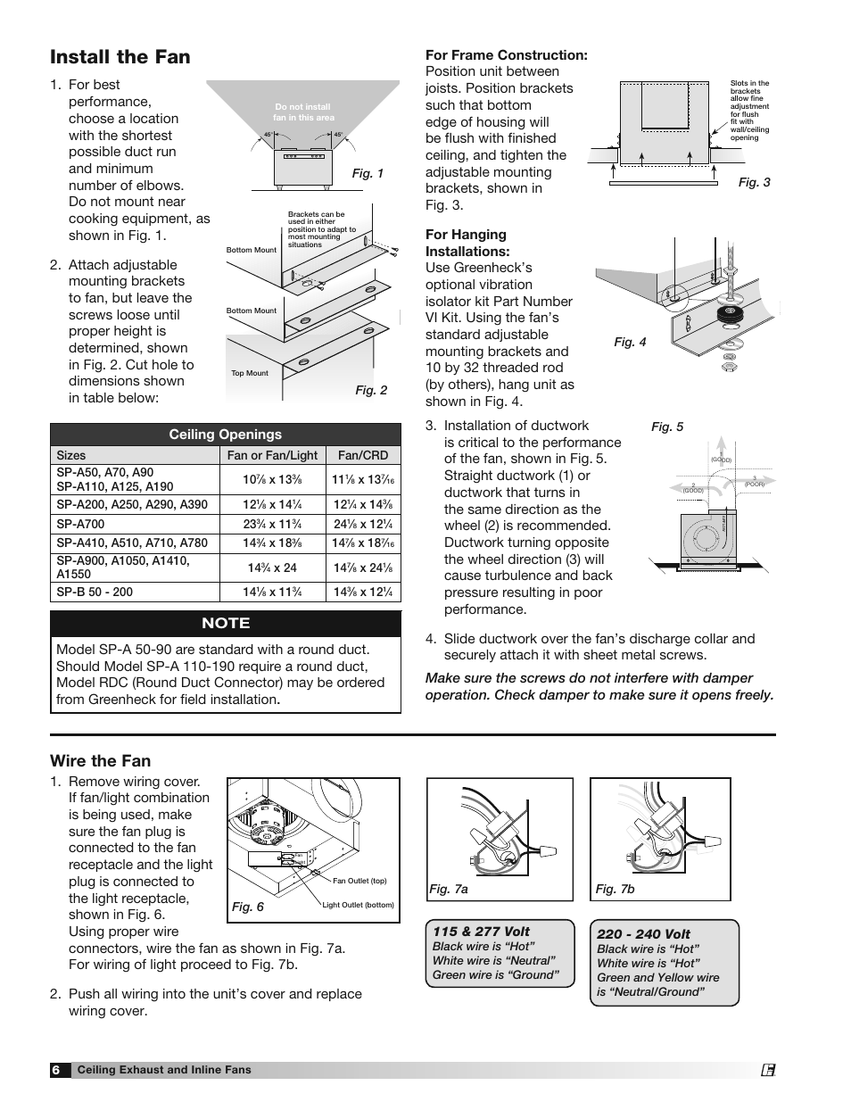 Install the fan, Wire the fan, Ceiling openings | Greenheck SP and CSP (477179) User Manual | Page 6 / 20