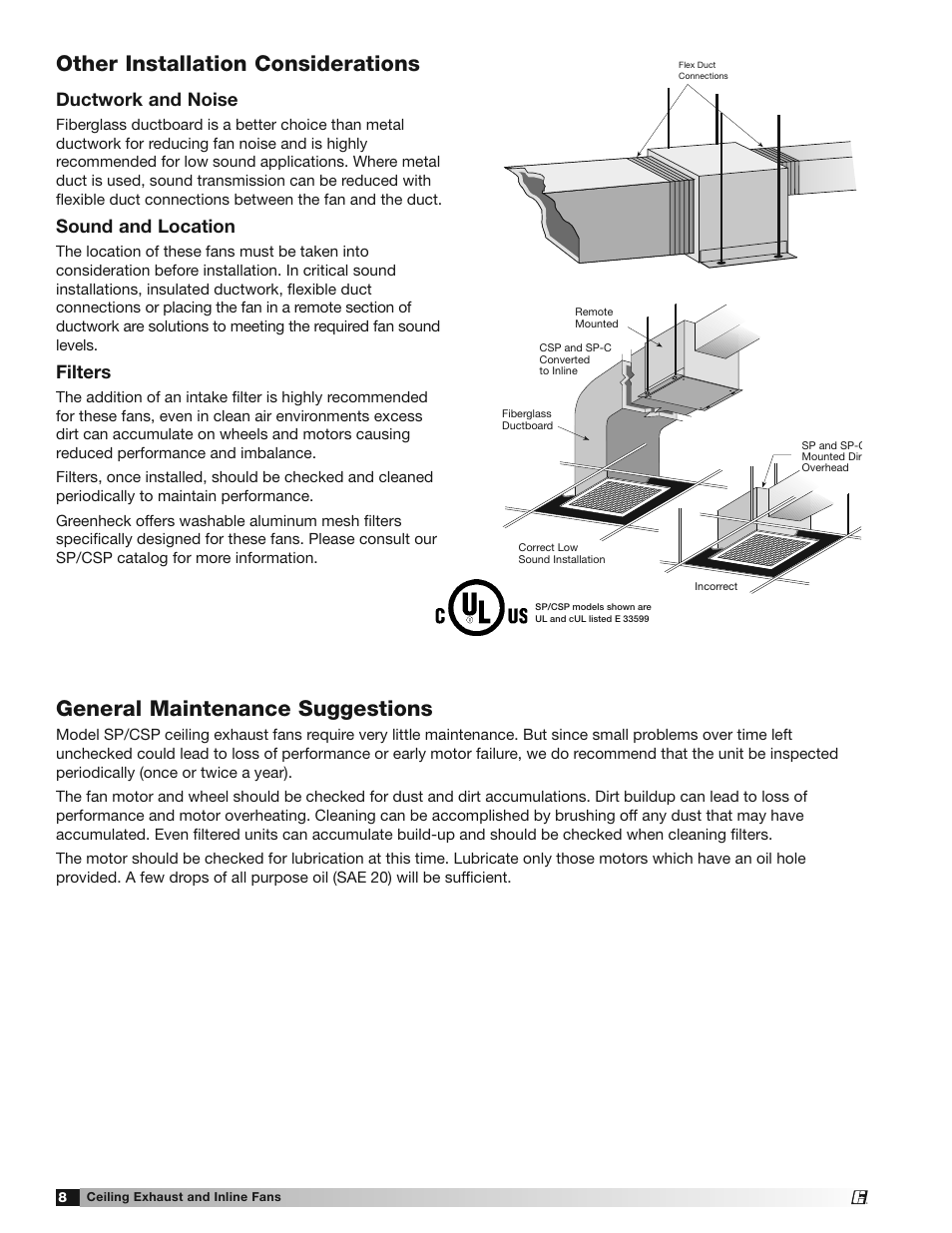 Other installation considerations, General maintenance suggestions, Ductwork and noise | Sound and location, Filters | Greenheck SP and CSP (477179) User Manual | Page 8 / 20