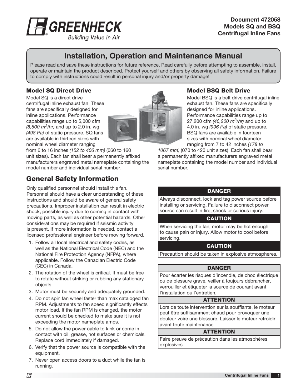 Greenheck SQ and BSQ (472058) User Manual | 12 pages