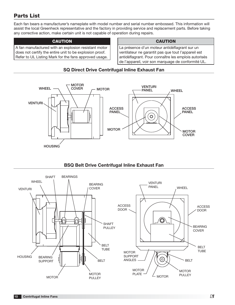 Parts list, Sq direct drive centrifugal inline exhaust fan, Bsq belt drive centrifugal inline exhaust fan | Caution | Greenheck SQ and BSQ (472058) User Manual | Page 10 / 12