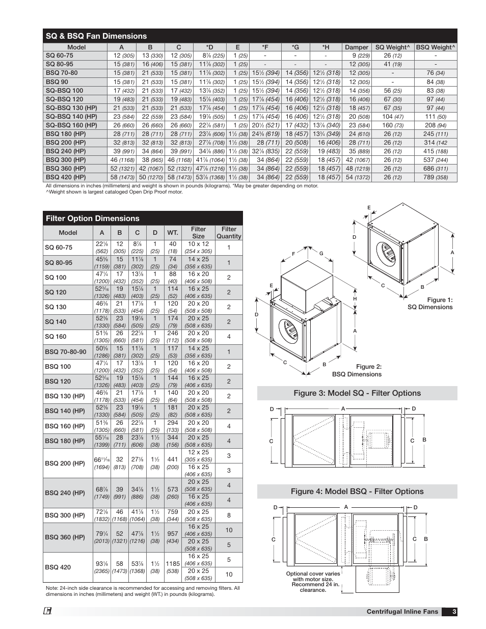Filter option dimensions, Sq & bsq fan dimensions | Greenheck SQ and BSQ (472058) User Manual | Page 3 / 12