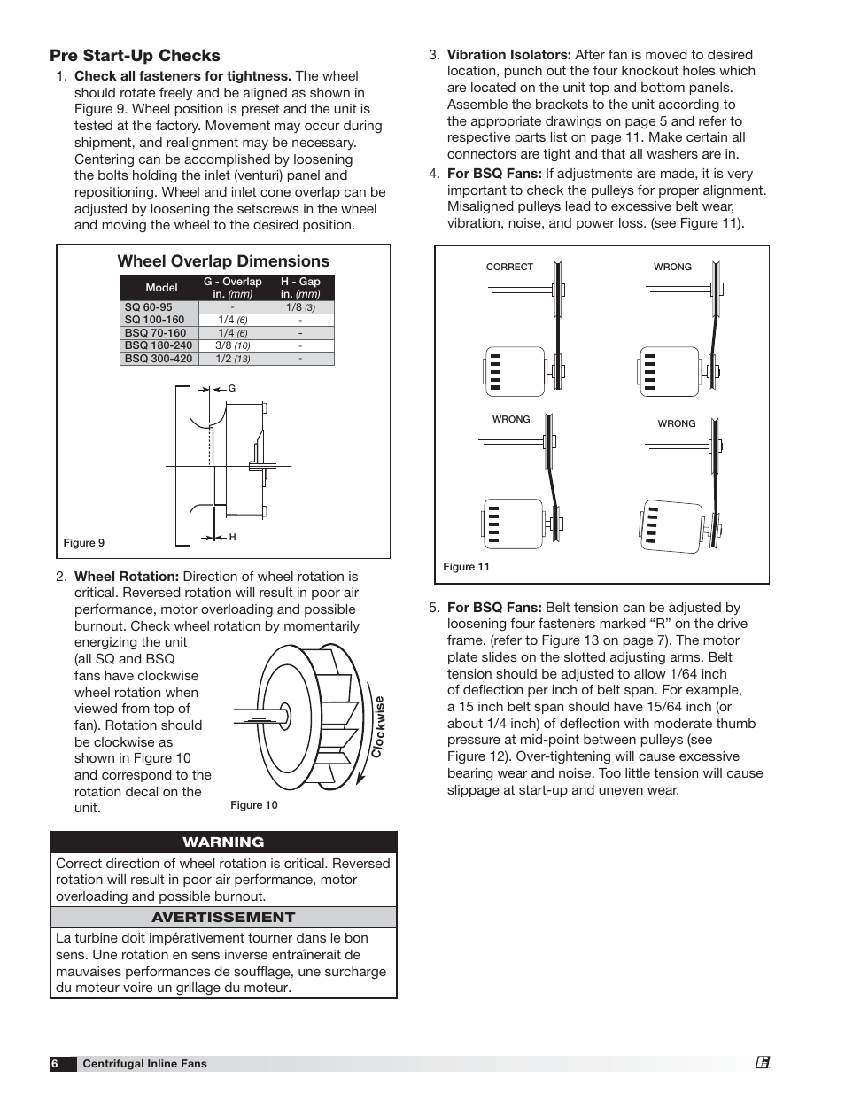 Pre start-up checks, Wheel overlap dimensions | Greenheck SQ and BSQ (472058) User Manual | Page 6 / 12