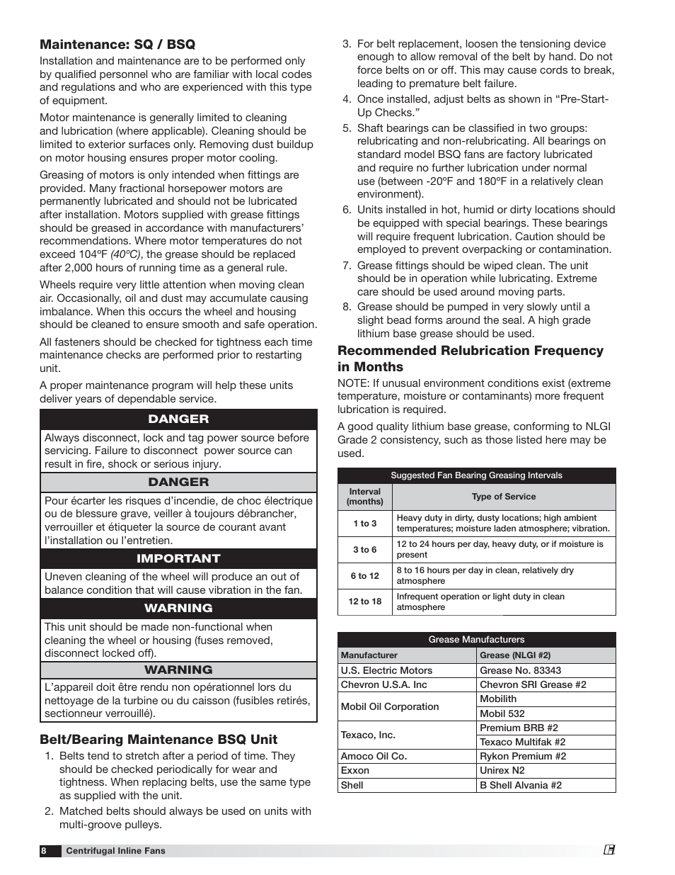 Maintenance: sq / bsq, Belt/bearing maintenance bsq unit, Recommended relubrication frequency in months | Greenheck SQ and BSQ (472058) User Manual | Page 8 / 12