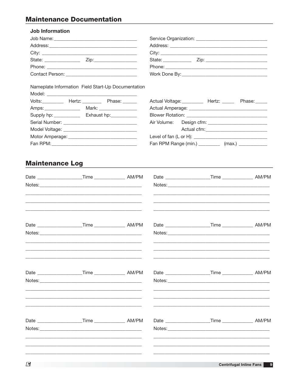 Maintenance documentation maintenance log | Greenheck SQ and BSQ (472058) User Manual | Page 9 / 12