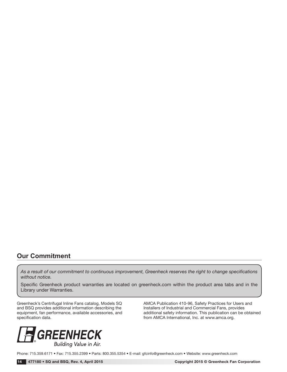 Our commitment | Greenheck SQ and BSQ (477180) User Manual | Page 14 / 28