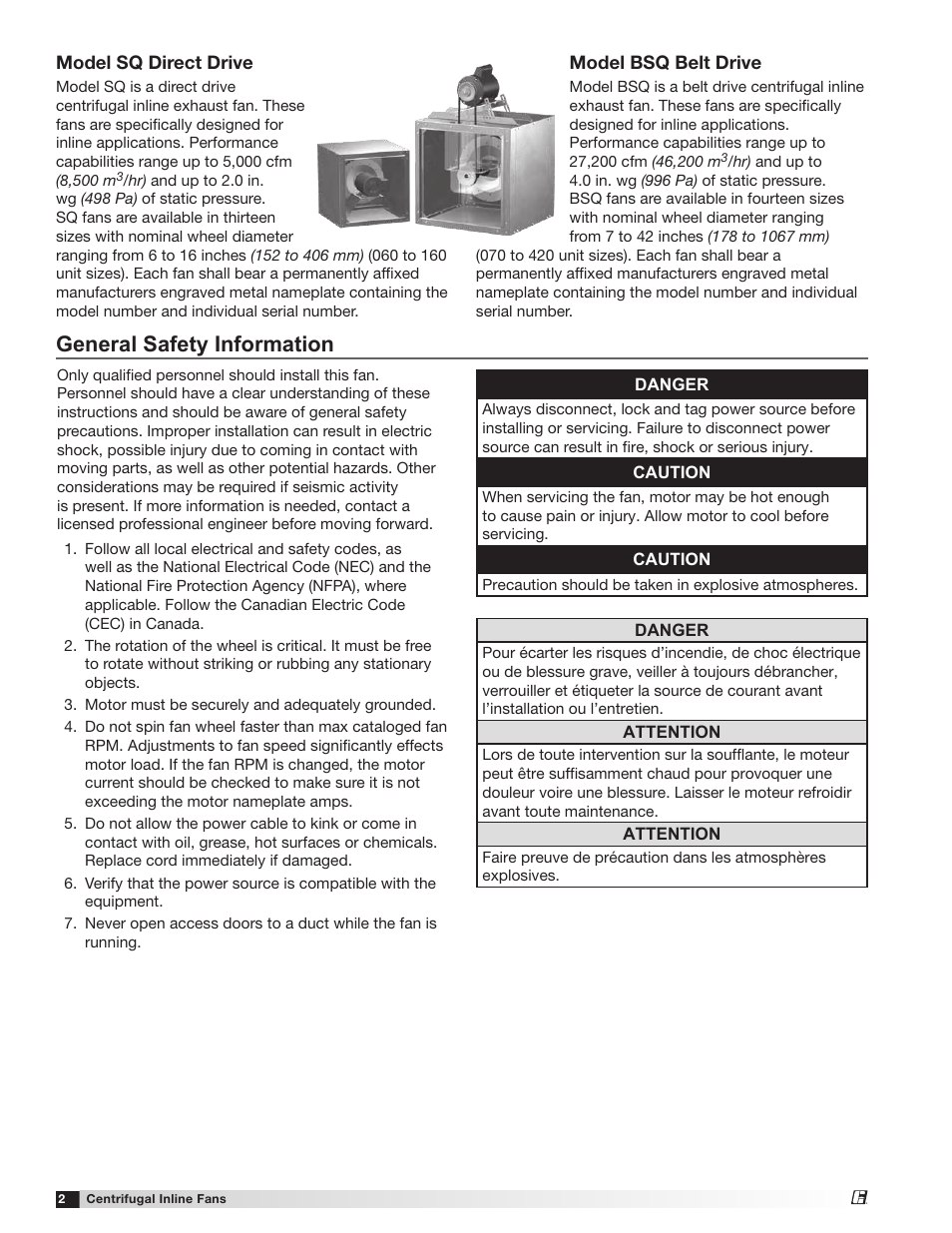 General safety information | Greenheck SQ and BSQ (477180) User Manual | Page 2 / 28