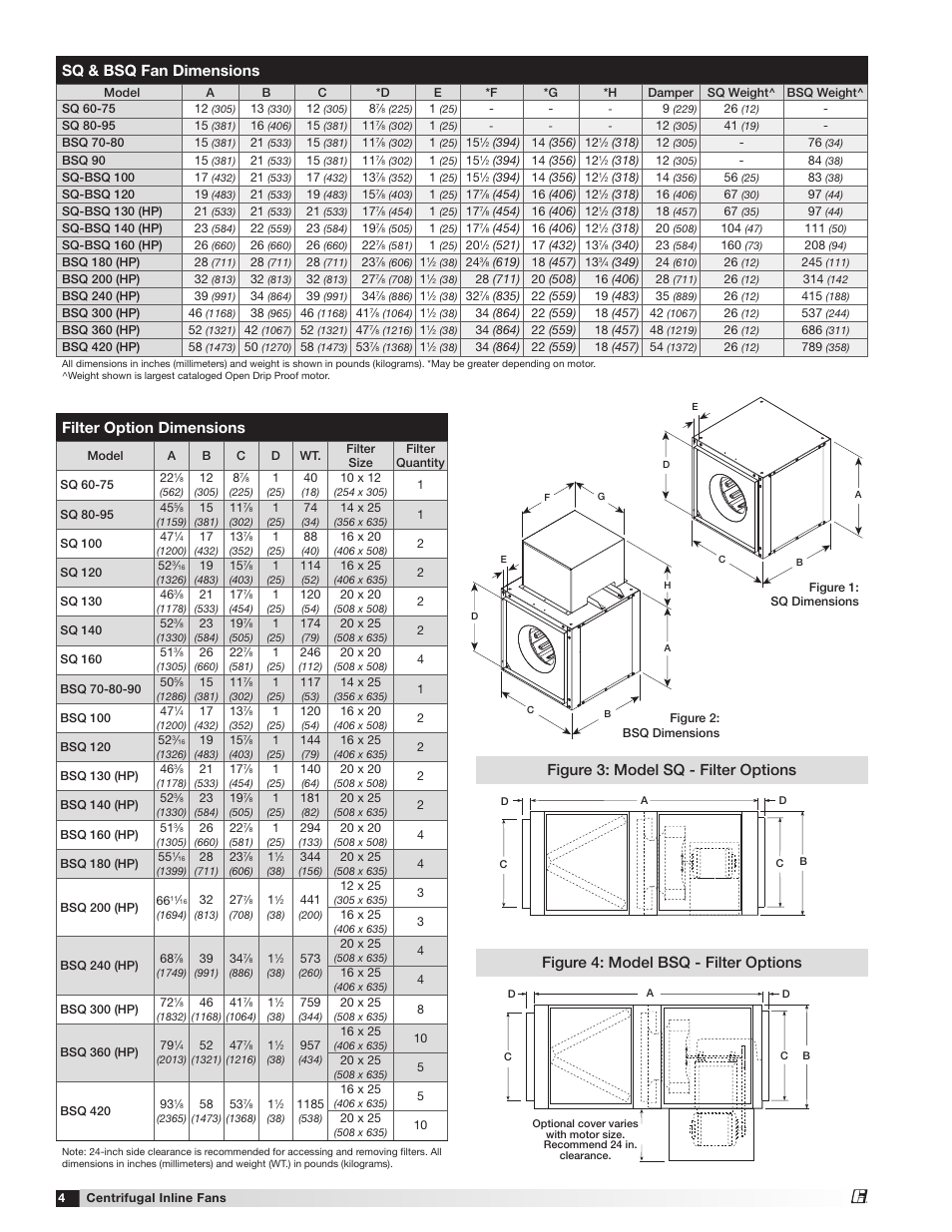 Filter option dimensions, Sq & bsq fan dimensions | Greenheck SQ and BSQ (477180) User Manual | Page 4 / 28
