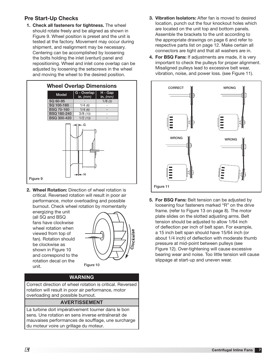 Pre start-up checks, Wheel overlap dimensions, Warning | Avertissement | Greenheck SQ and BSQ (477180) User Manual | Page 7 / 28