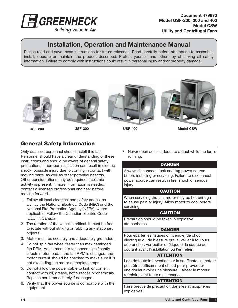 Greenheck USF and CSW (479870) User Manual | 20 pages