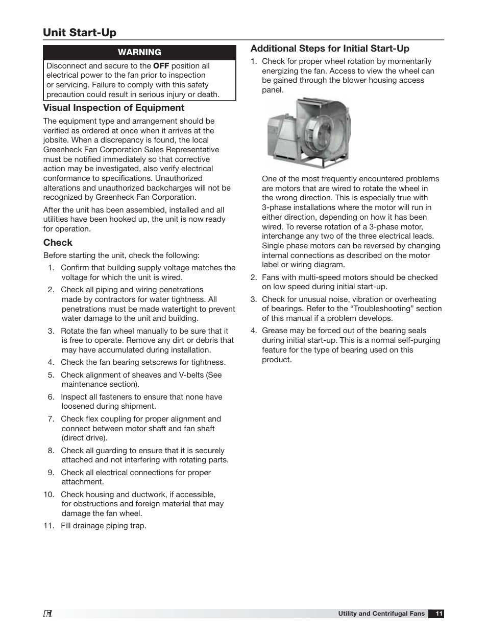 Unit start-up | Greenheck USF and CSW (479870) User Manual | Page 11 / 20