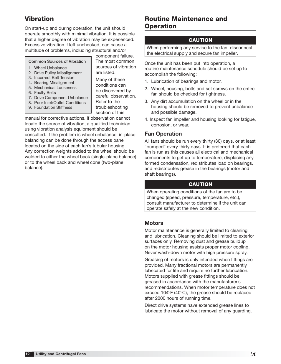 Vibration, Routine maintenance and operation | Greenheck USF and CSW (479870) User Manual | Page 12 / 20