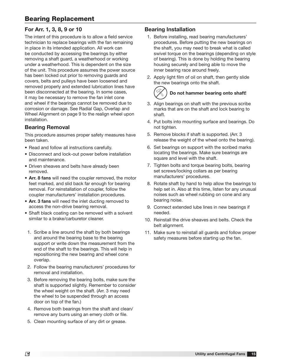 Bearing replacement | Greenheck USF and CSW (479870) User Manual | Page 15 / 20