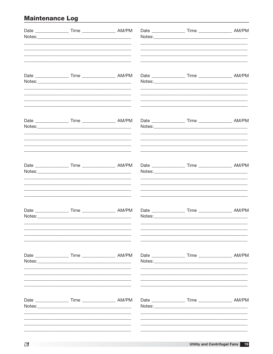 Maintenance log | Greenheck USF and CSW (479870) User Manual | Page 19 / 20