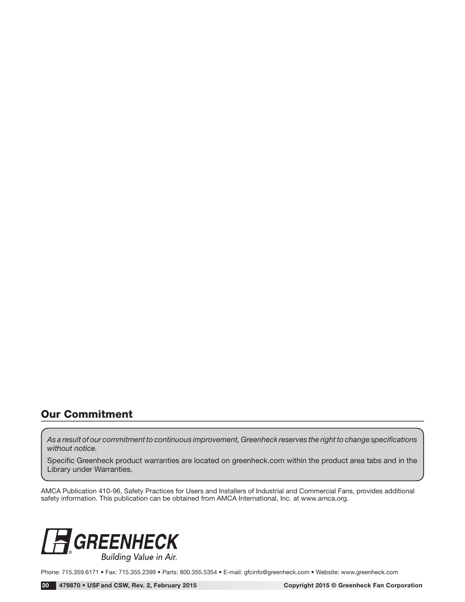 Our commitment | Greenheck USF and CSW (479870) User Manual | Page 20 / 20