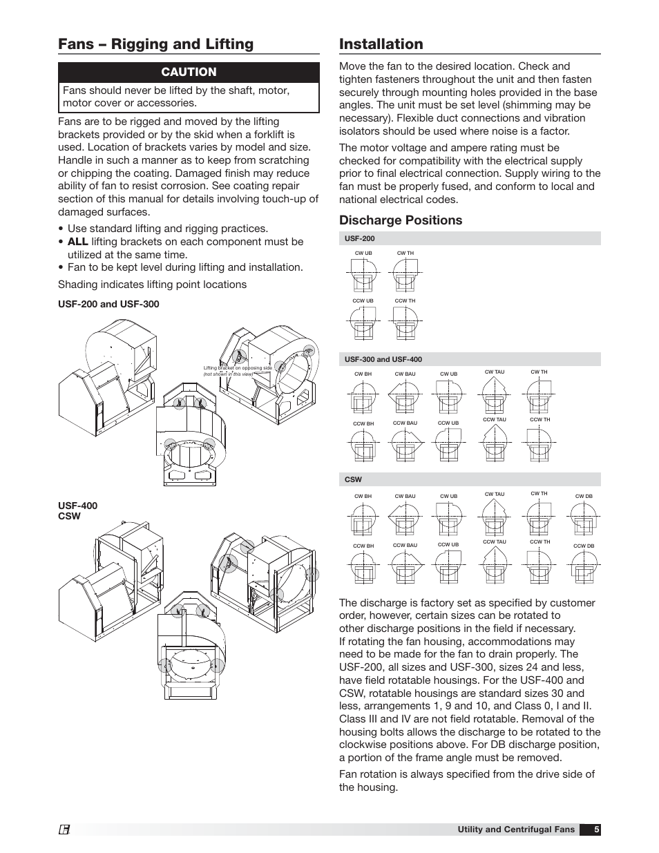 Installation, Fans – rigging and lifting, Discharge positions | Caution | Greenheck USF and CSW (479870) User Manual | Page 5 / 20