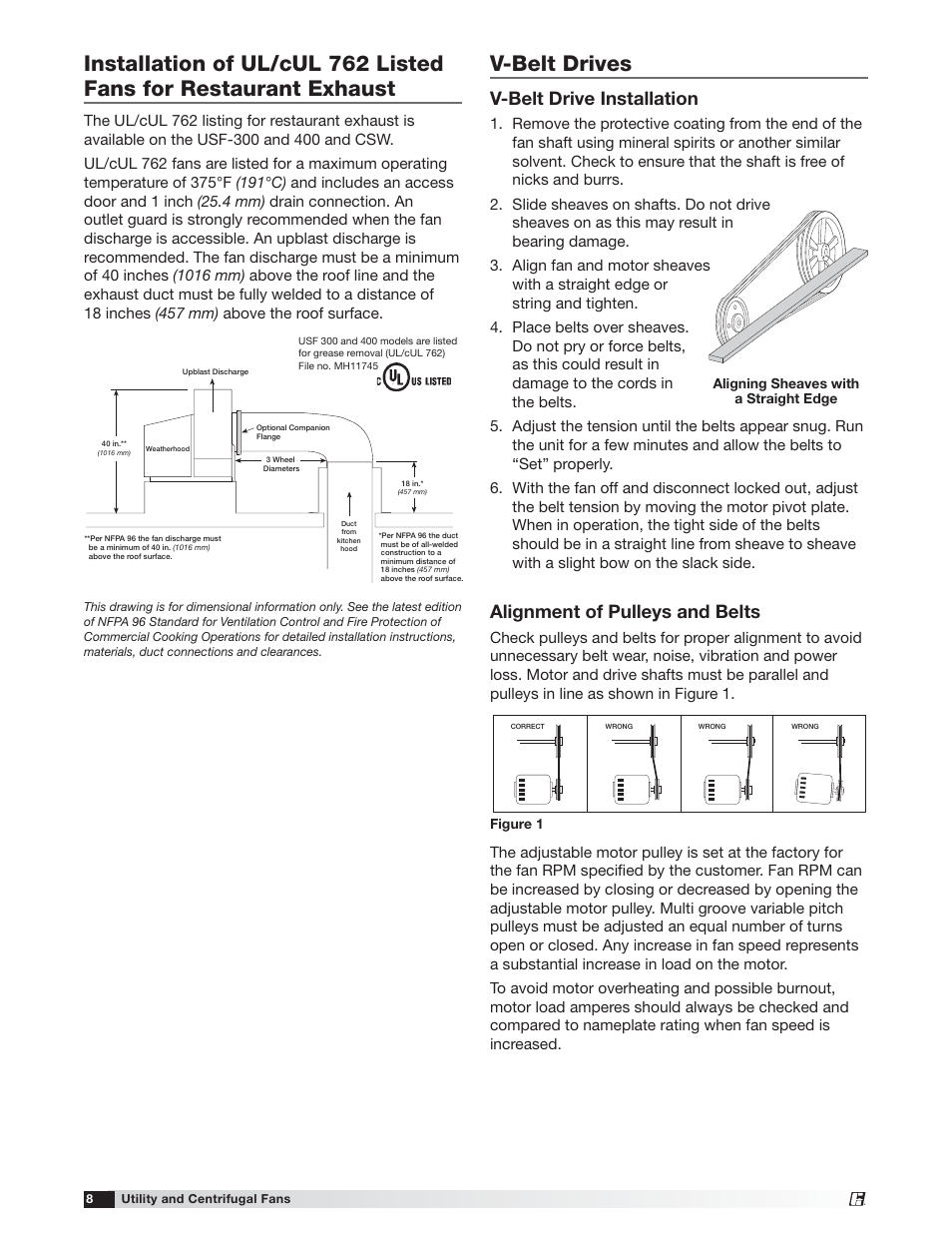 V-belt drives, Alignment of pulleys and belts, V-belt drive installation | Greenheck USF and CSW (479870) User Manual | Page 8 / 20