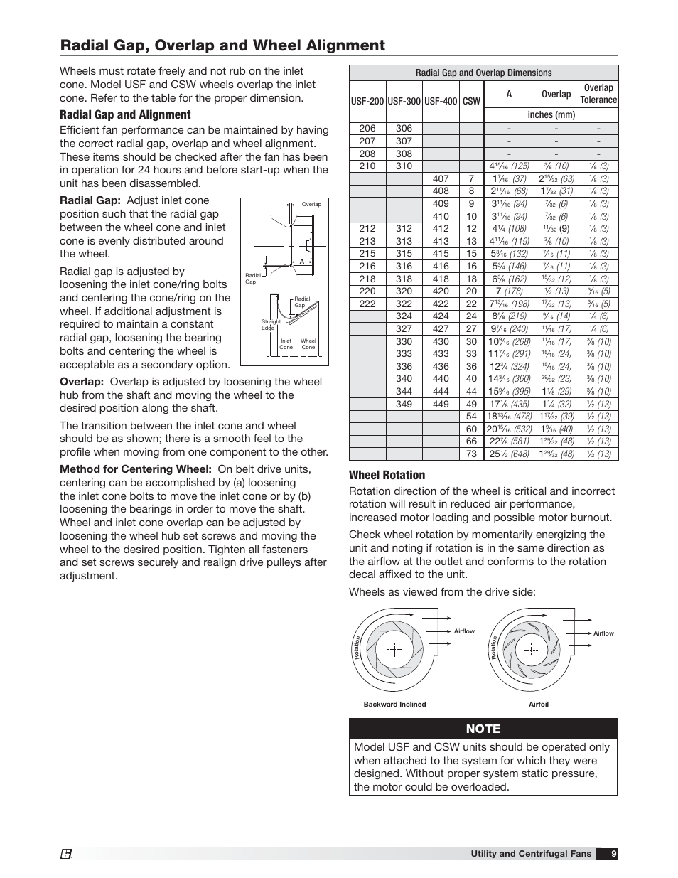 Radial gap, overlap and wheel alignment, Wheel rotation, Radial gap and alignment | Greenheck USF and CSW (479870) User Manual | Page 9 / 20