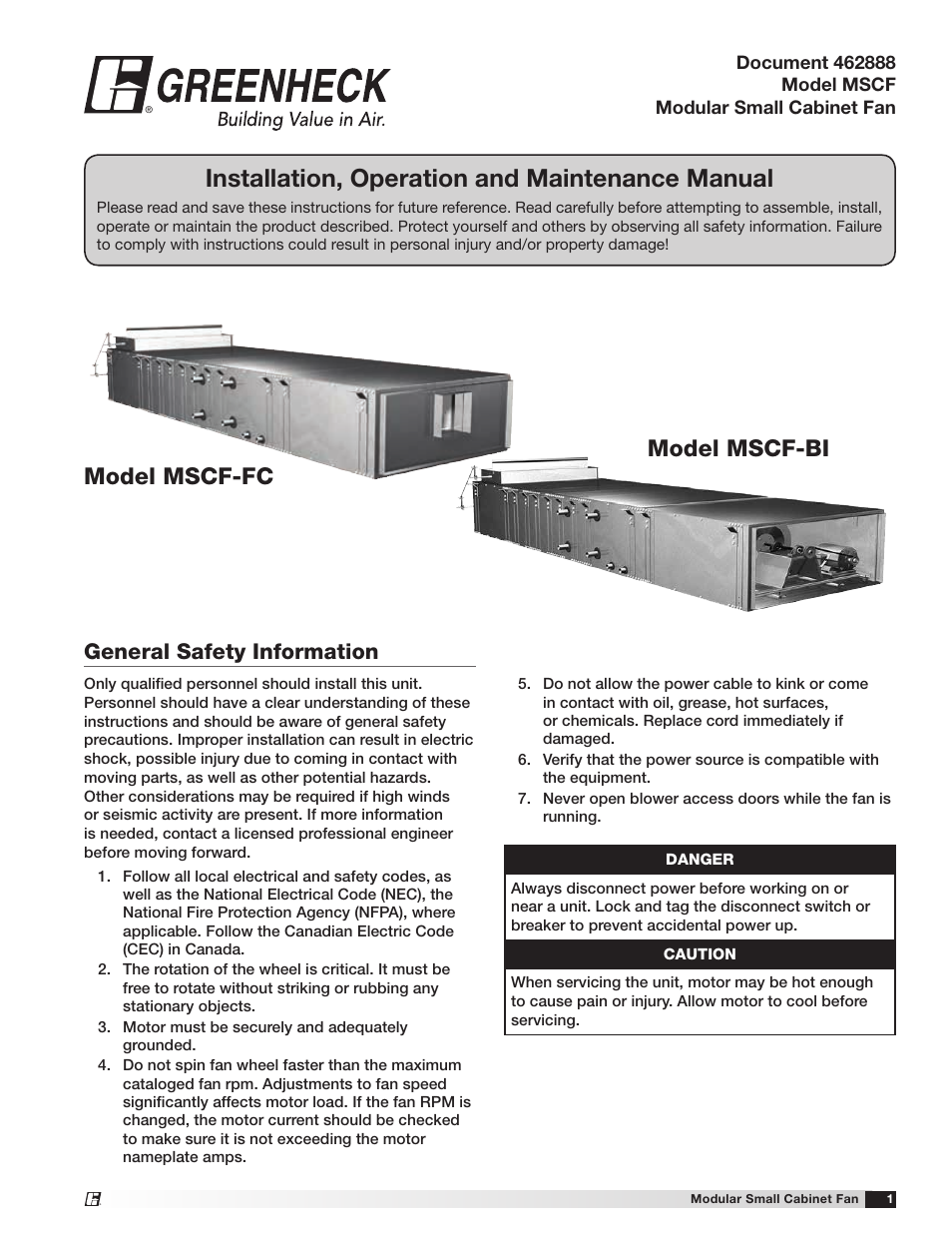 Greenheck Modular Small Cabinet Fan (Model MSCF) (462888) User Manual | 20 pages