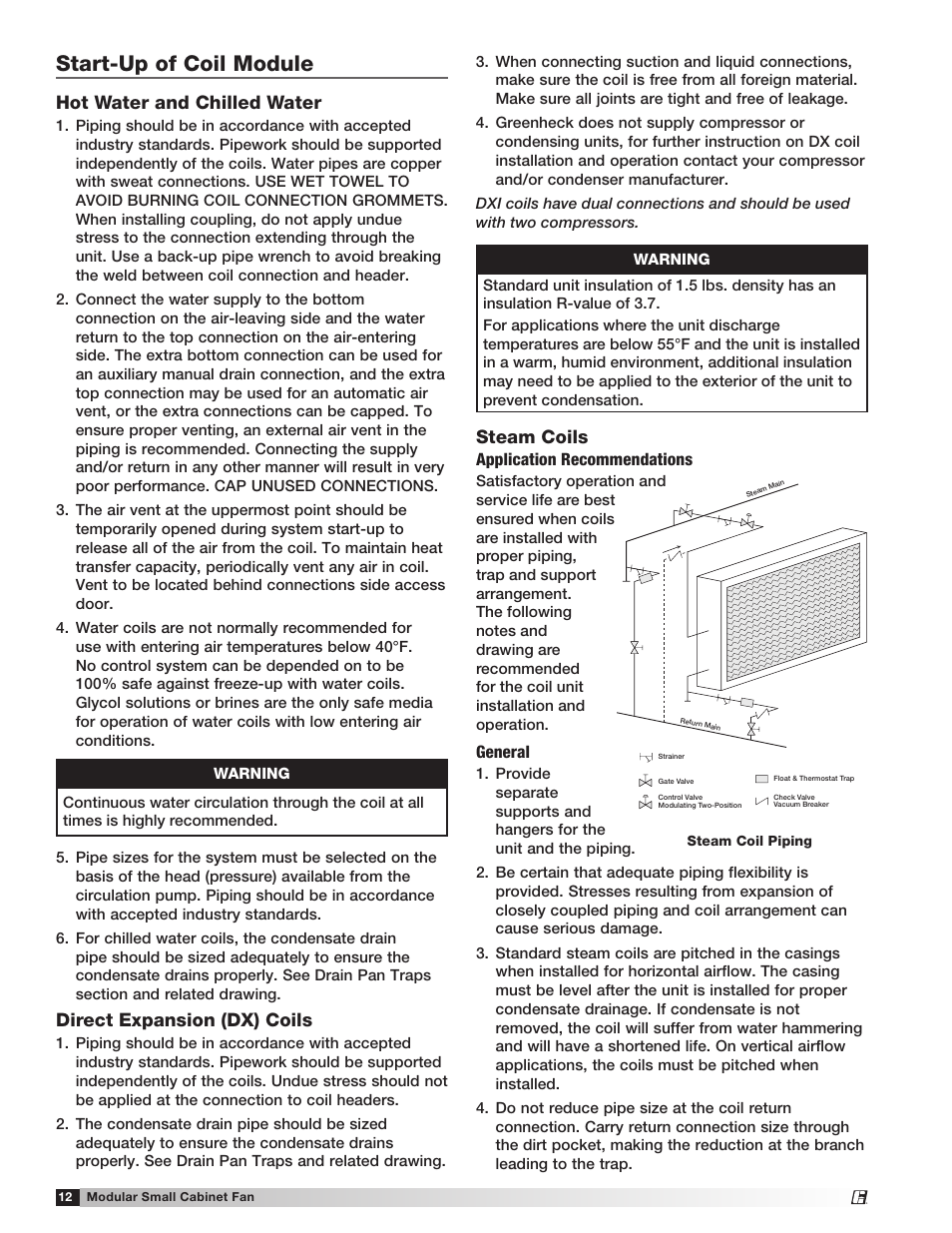 Start-up of coil module, Hot water and chilled water, Direct expansion (dx) coils | Steam coils | Greenheck Modular Small Cabinet Fan (Model MSCF) (462888) User Manual | Page 12 / 20