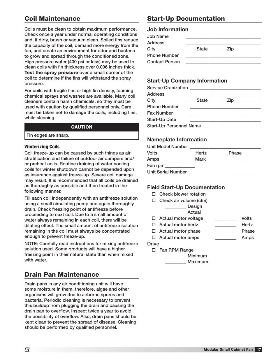 Coil maintenance start-up documentation, Drain pan maintenance | Greenheck Modular Small Cabinet Fan (Model MSCF) (462888) User Manual | Page 17 / 20