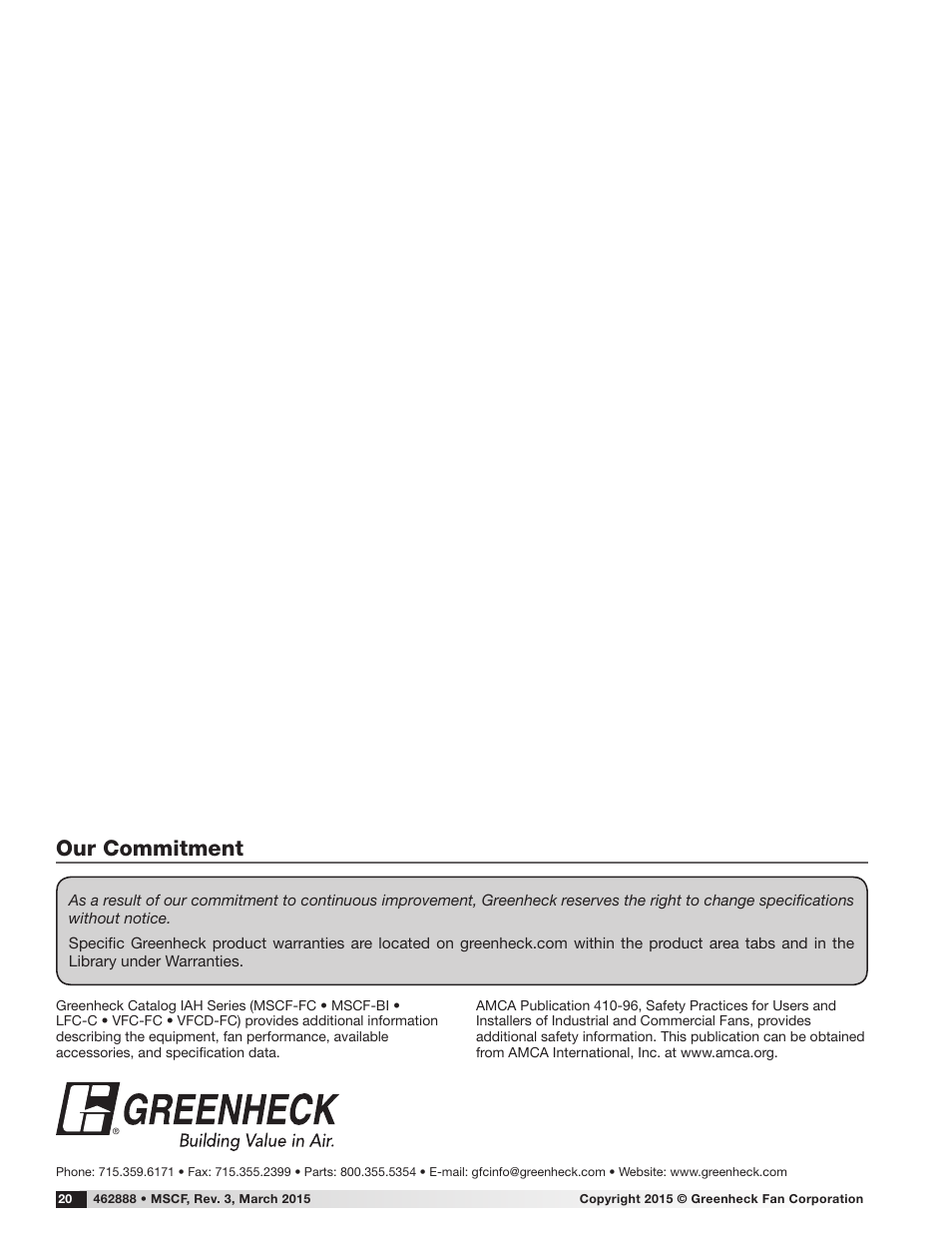 Our commitment | Greenheck Modular Small Cabinet Fan (Model MSCF) (462888) User Manual | Page 20 / 20