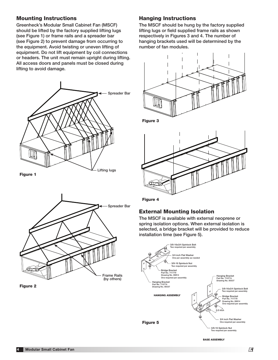 Mounting instructions, Hanging instructions, External mounting isolation | Figure 4 figure 5 figure 3 figure 1, Figure 2 | Greenheck Modular Small Cabinet Fan (Model MSCF) (462888) User Manual | Page 4 / 20