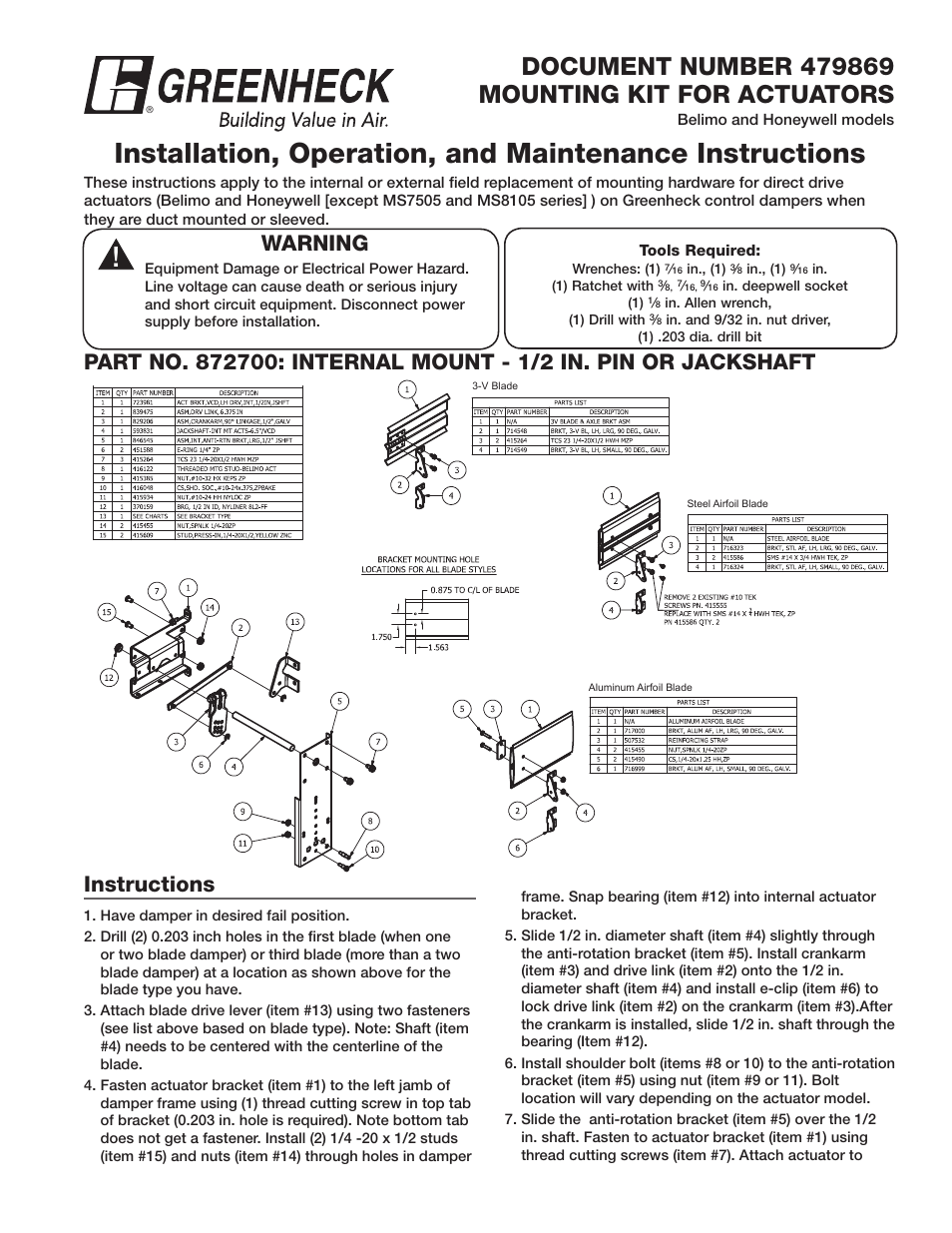 Greenheck Mounting Kit for Actuators used on Control Dampers (479869) User Manual | 4 pages