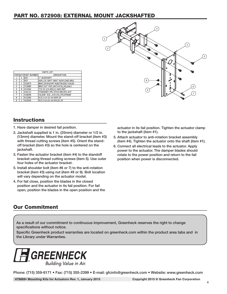 Instructions, Our commitment | Greenheck Mounting Kit for Actuators used on Control Dampers (479869) User Manual | Page 4 / 4