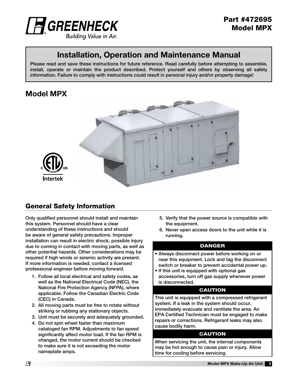 Greenheck MPX (472695) User Manual | 40 pages