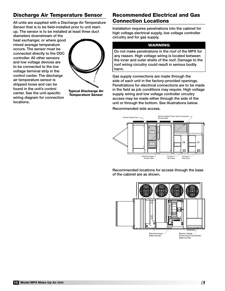 Discharge air temperature sensor, Typical discharge air temperature sensor, Model mpx make-up air unit | Greenheck MPX (472695) User Manual | Page 10 / 40