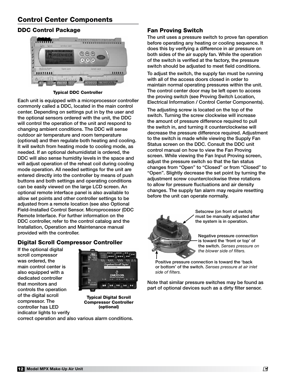 Control center components, Ddc control package, Digital scroll compressor controller | Fan proving switch | Greenheck MPX (472695) User Manual | Page 12 / 40