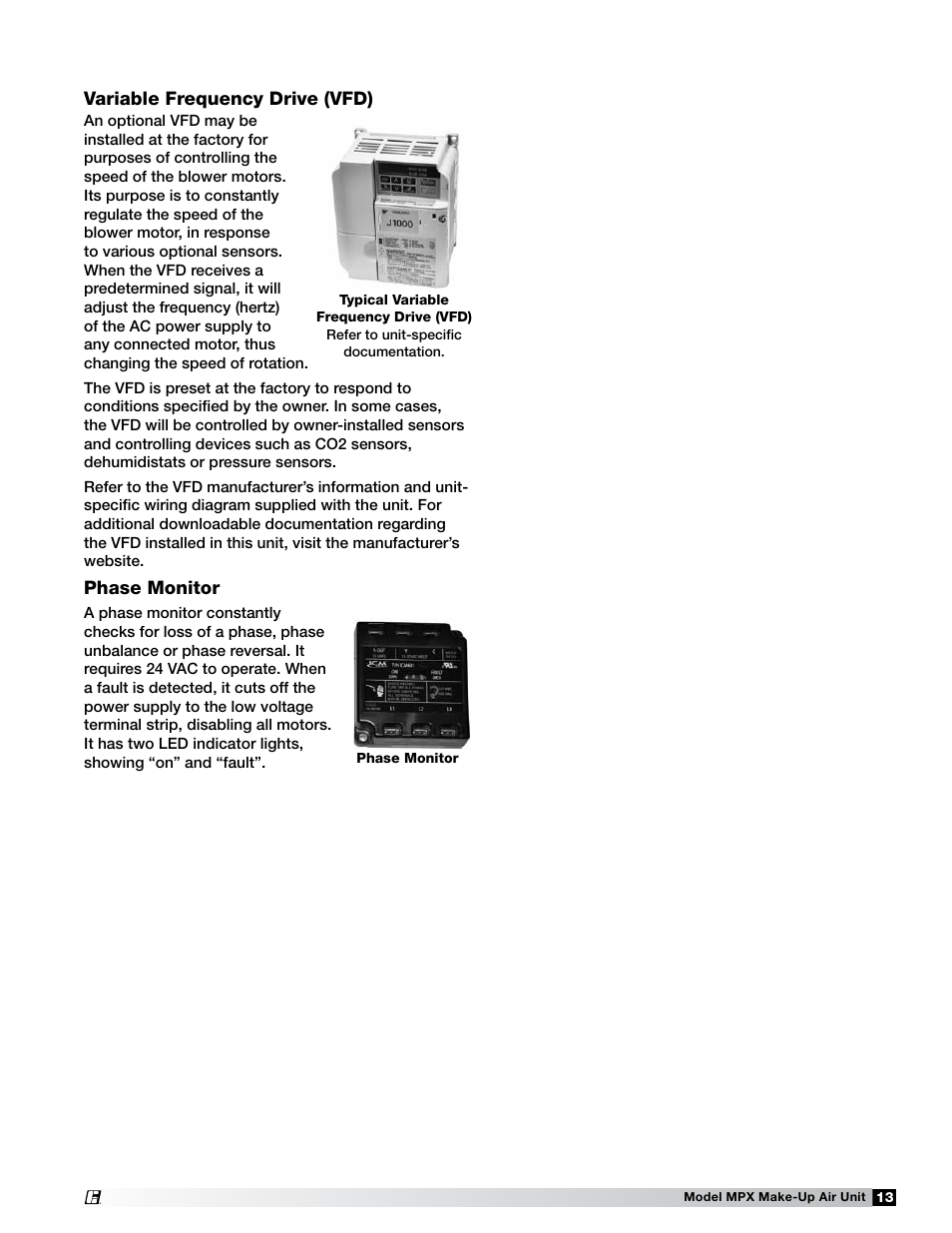 Variable frequency drive, Phase monitor, Variable frequency drive (vfd) | Greenheck MPX (472695) User Manual | Page 13 / 40